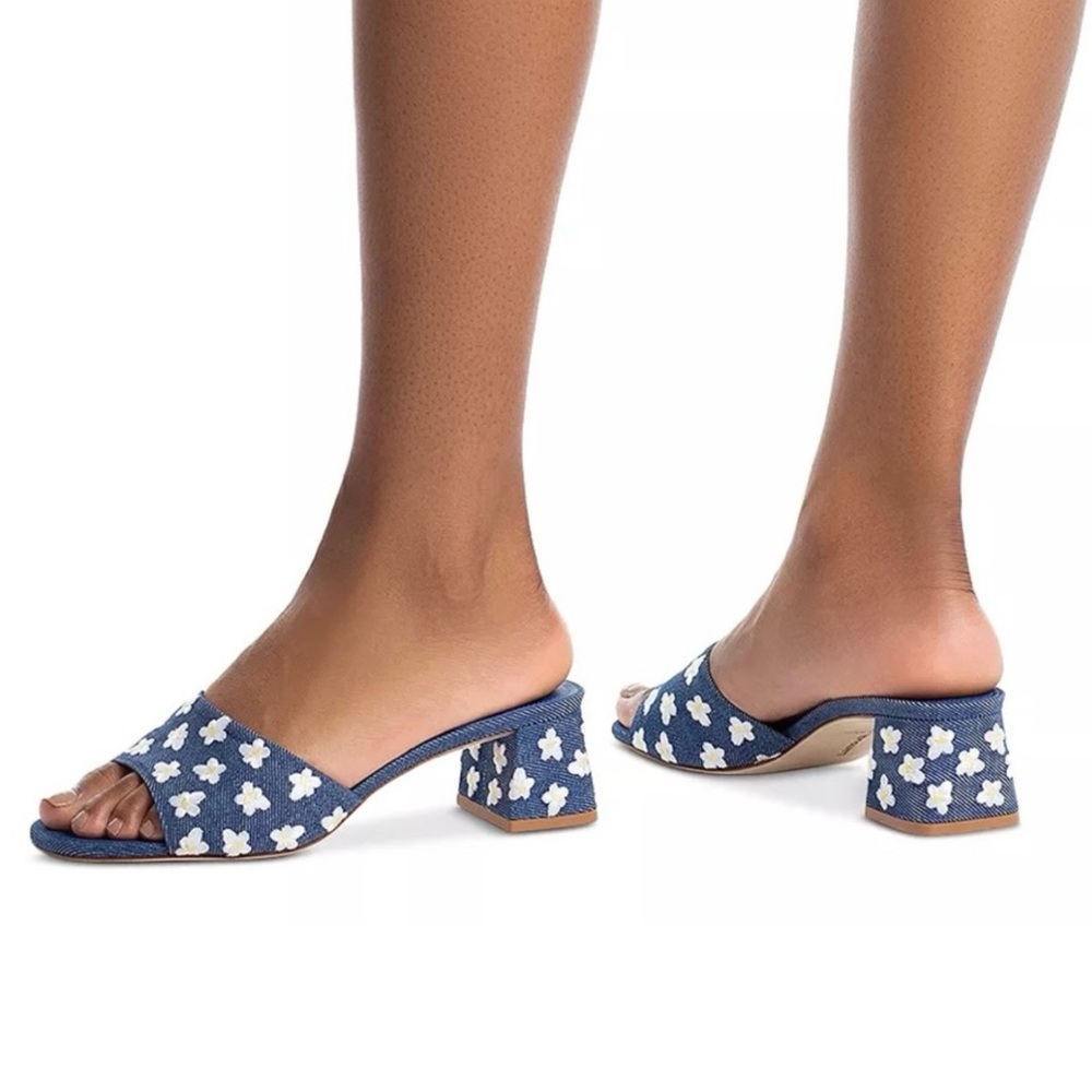 NEW | Larroudé Brigitte Flower-Embroidered Denim Mules - Picture 13 of 13